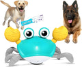 Blue or red crawling crab dog toy with obstacle avoidance sensors on a surface