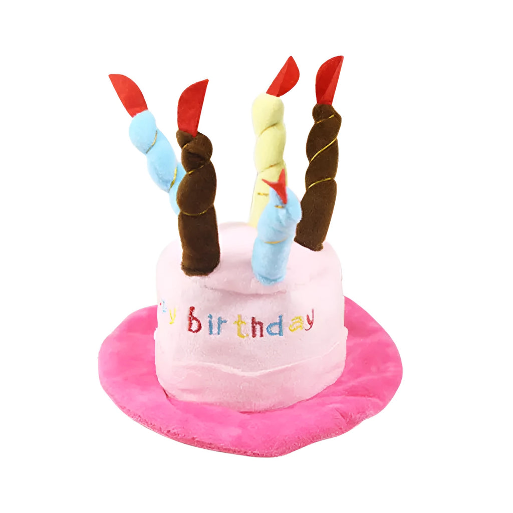 Blue and pink small dog birthday hat toy showing 21cm by 15cm by 6.5cm dimensions
