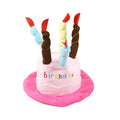 Blue and pink small dog birthday hat toy showing 21cm by 15cm by 6.5cm dimensions