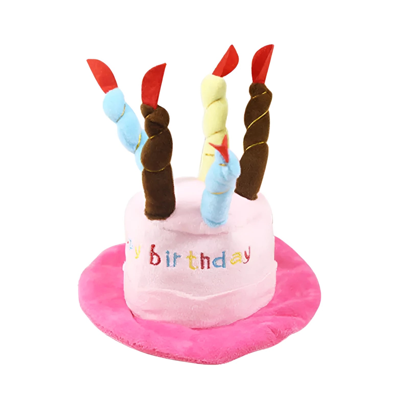 Blue and pink small dog birthday hat toy showing 21cm by 15cm by 6.5cm dimensions