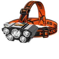 Super bright 10W LED miner's headlamp with PVC housing and adjustable head strap on a coloured box.