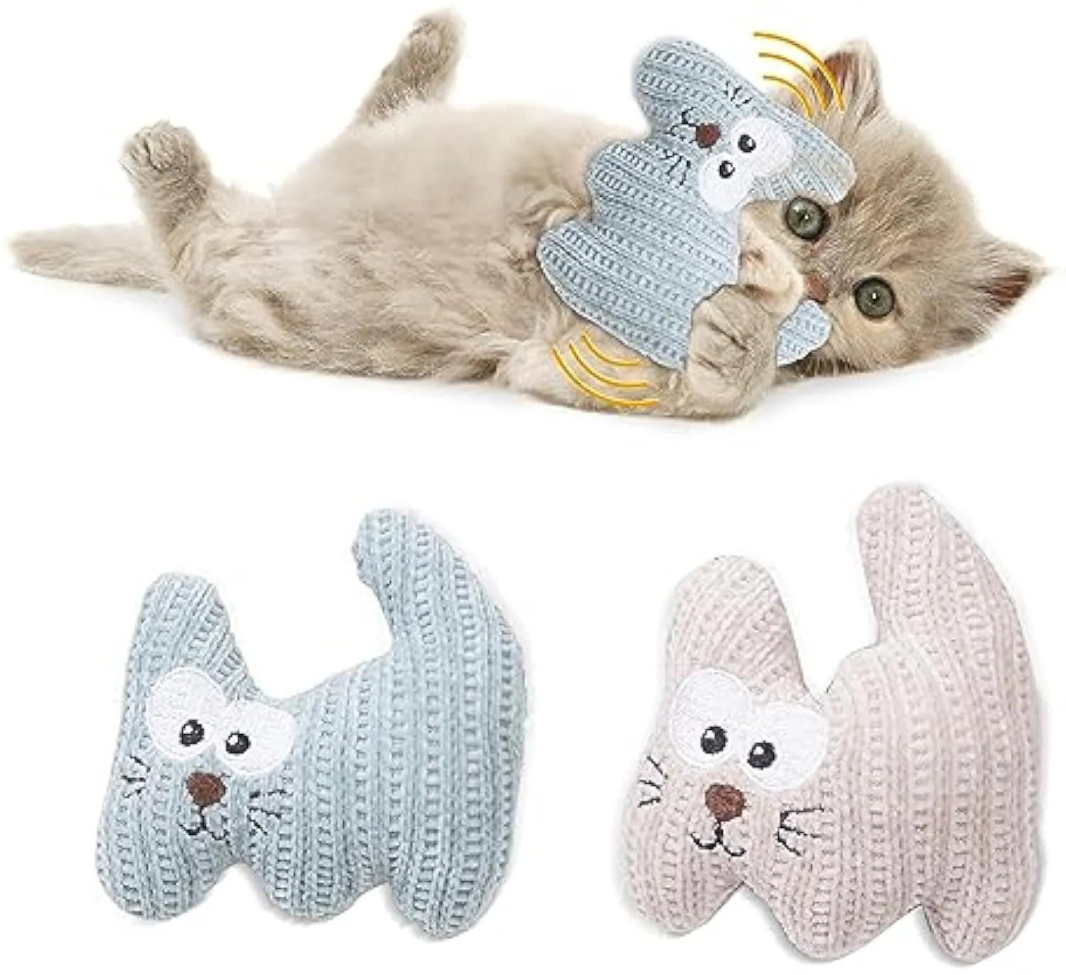 Cyan knitted plush cat toy with rope sections, containing catnip and a bell, shown on a white background.