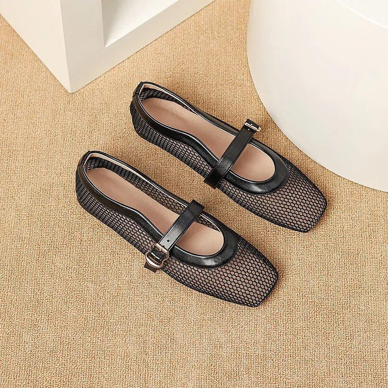 Women's beige mesh breathable pumps with a buckle fastening and square toe.