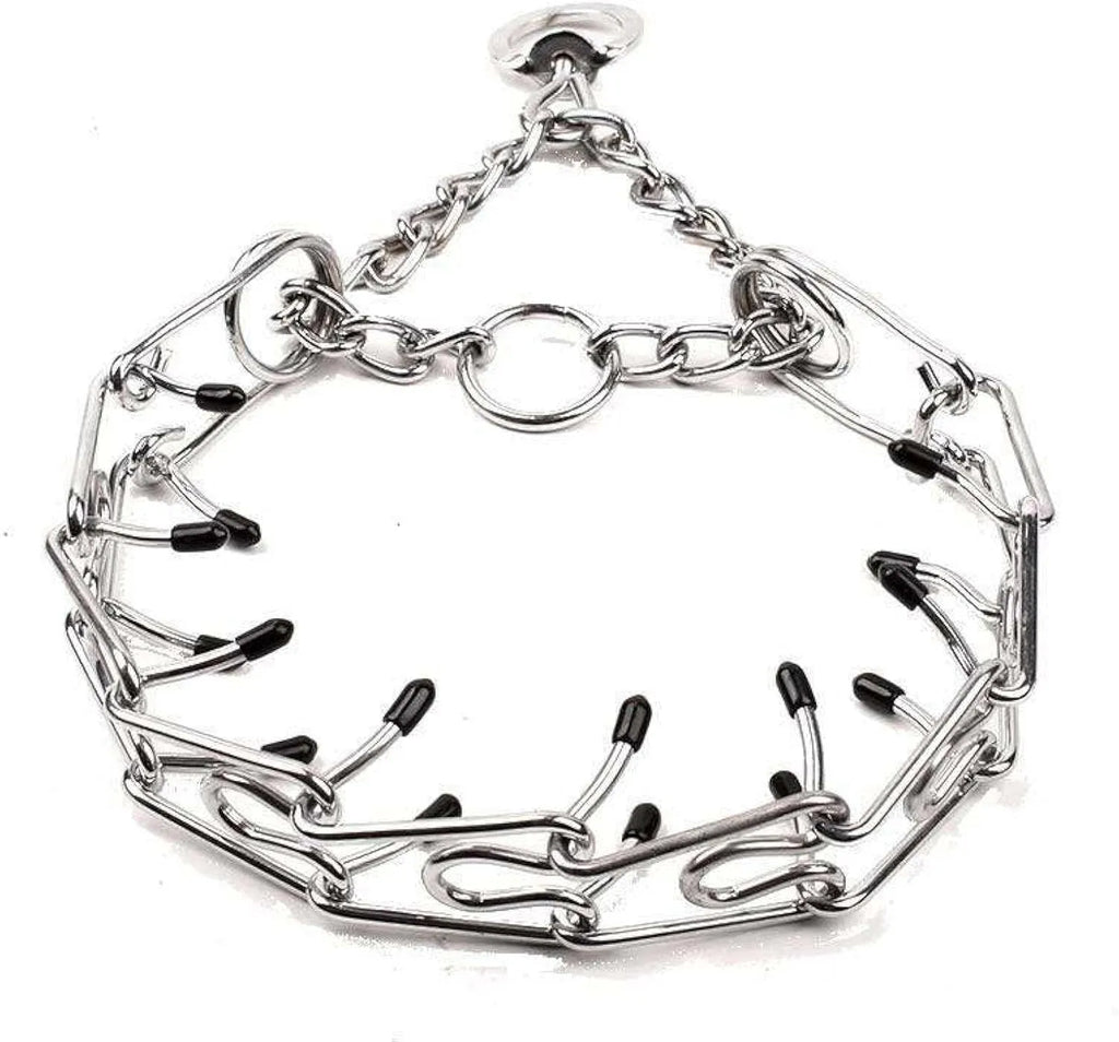 Stainless steel dog pinch training collar with round links and rubber tips, shown adjustable for medium or large breeds.