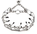 Stainless steel dog pinch training collar with round links and rubber tips, shown adjustable for medium or large breeds.