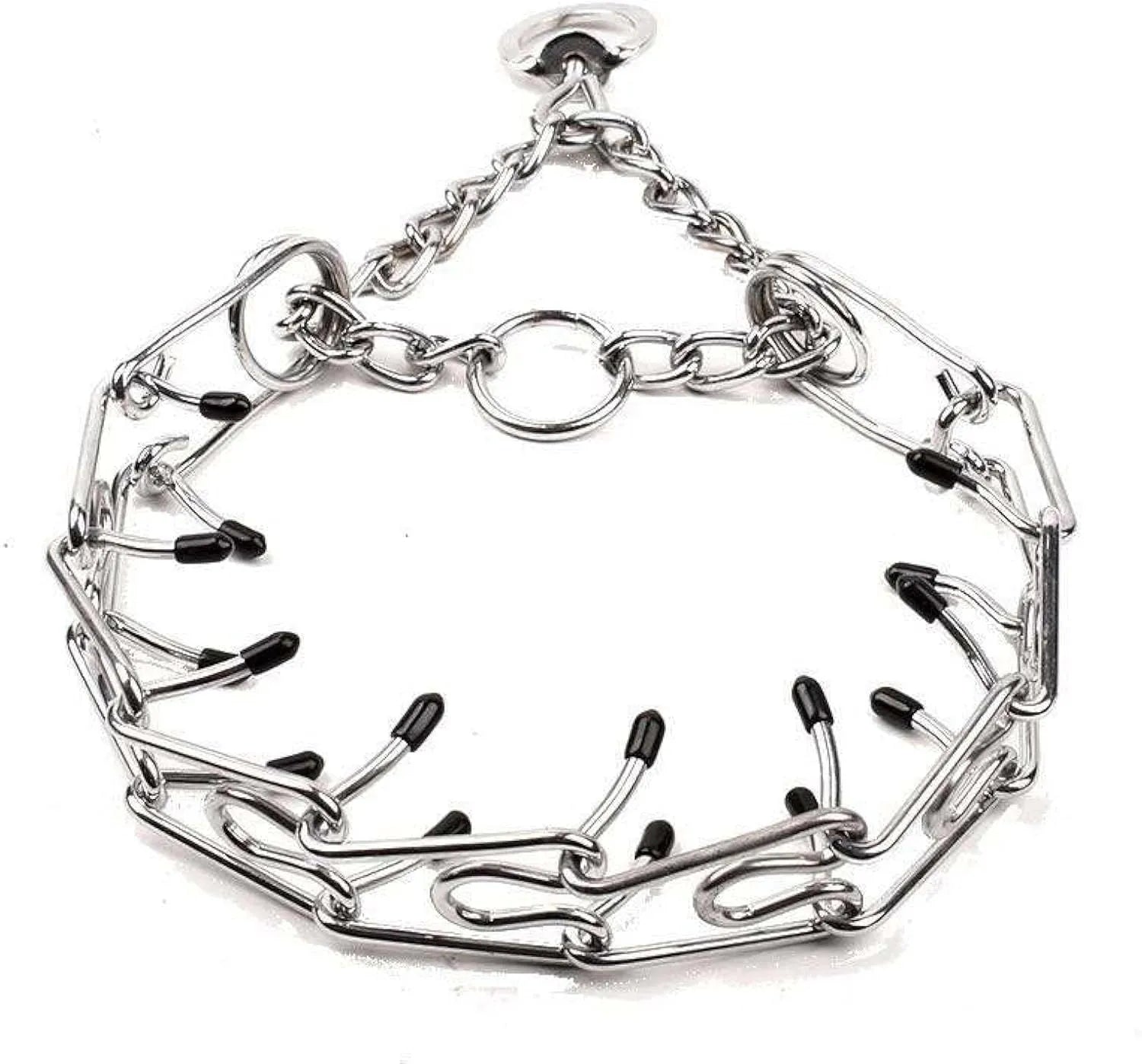 Stainless steel dog pinch training collar with round links and rubber tips, shown adjustable for medium or large breeds.
