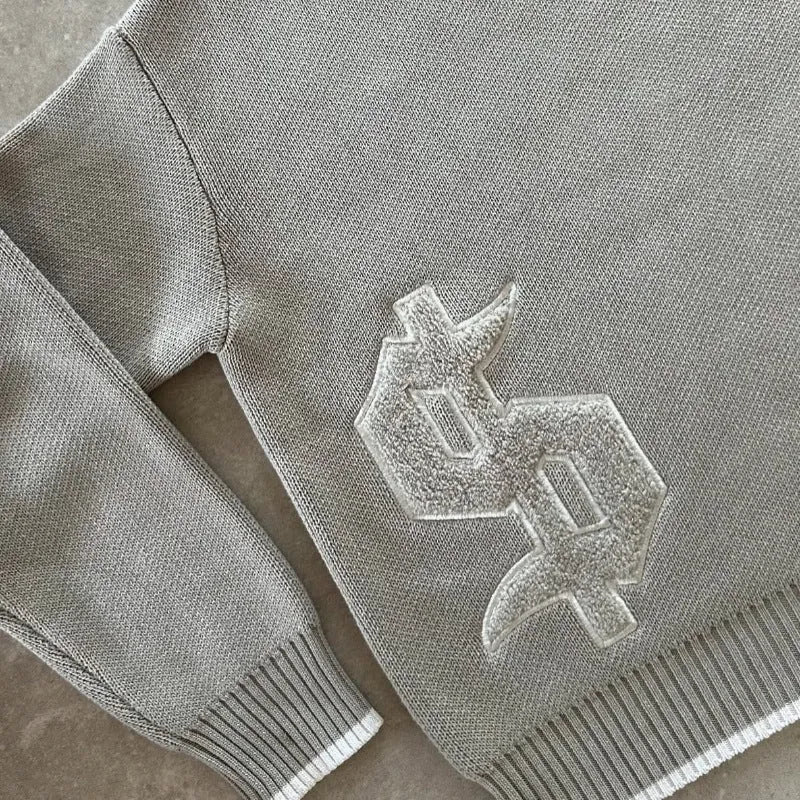 Grey loose-fitting jacquard knitwear coat with long sleeves for autumn winter