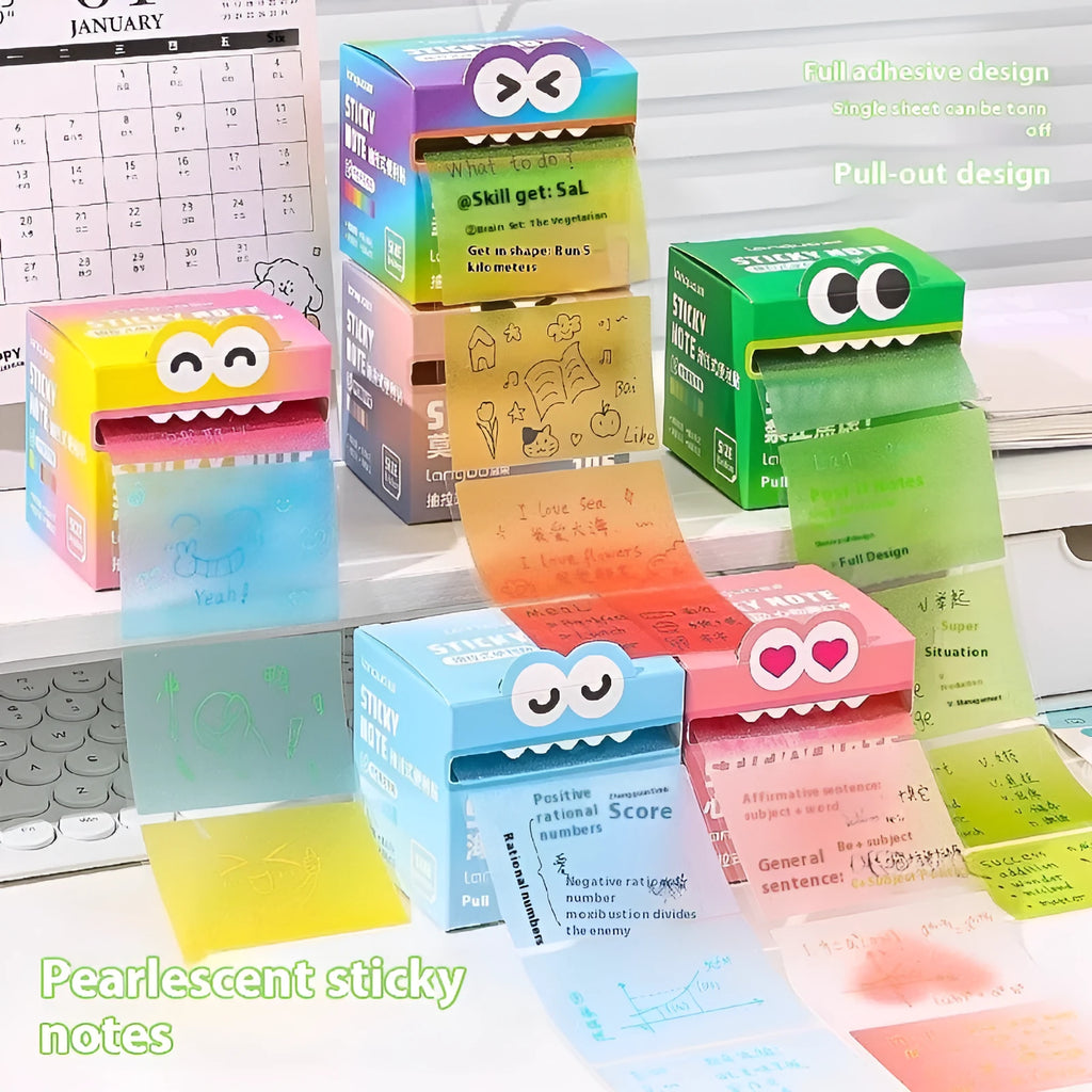 Transparent pull-out sticky notes with pearl gradient colours in 105-page notepad for students