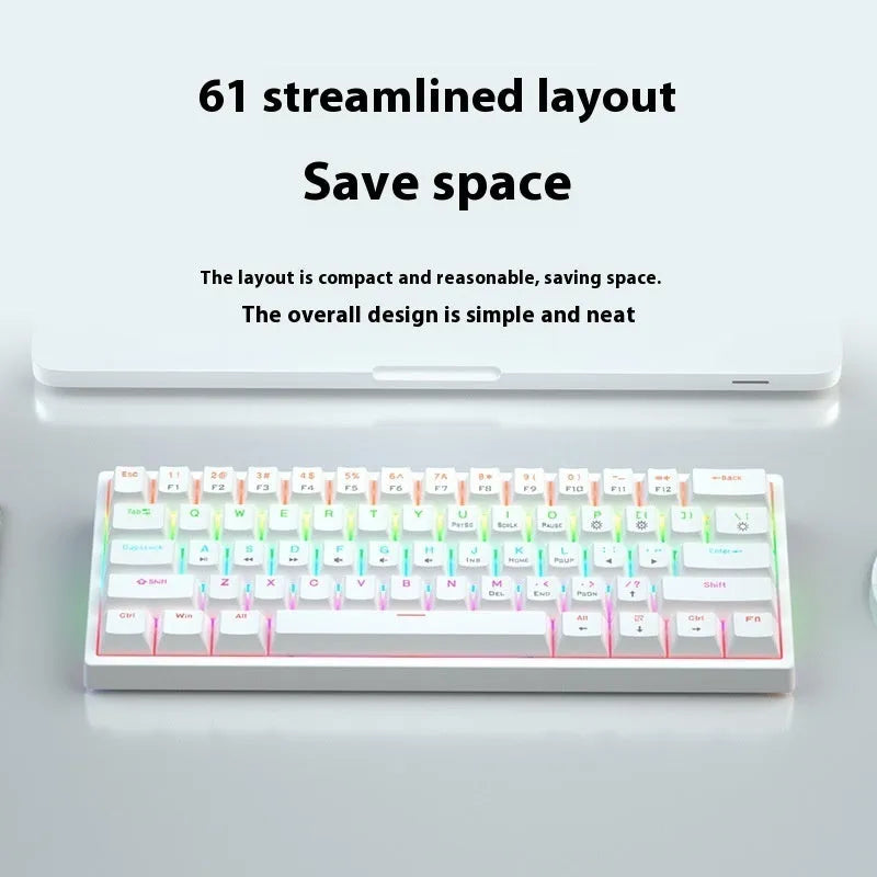 Blue and white 61-key compact mechanical keyboard with hot-swappable switches on black background