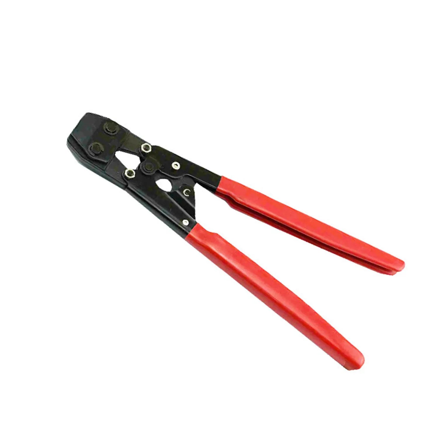 Red metal PEX clamp set with carbon steel cutting edge for plumbing connections