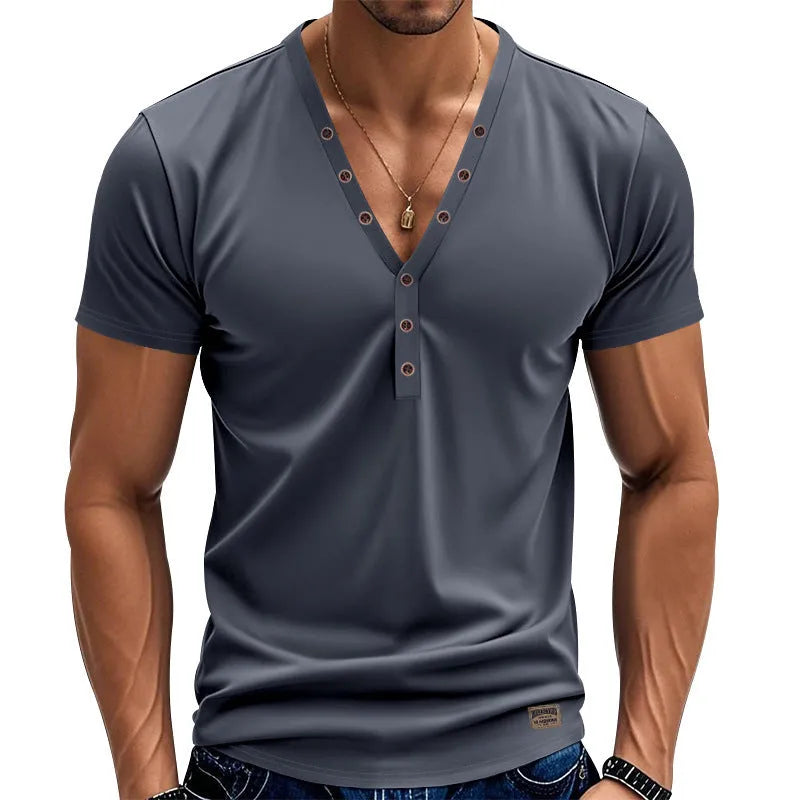 Men's loose V-neck sports top with button detail in chemical fibre blend fabric