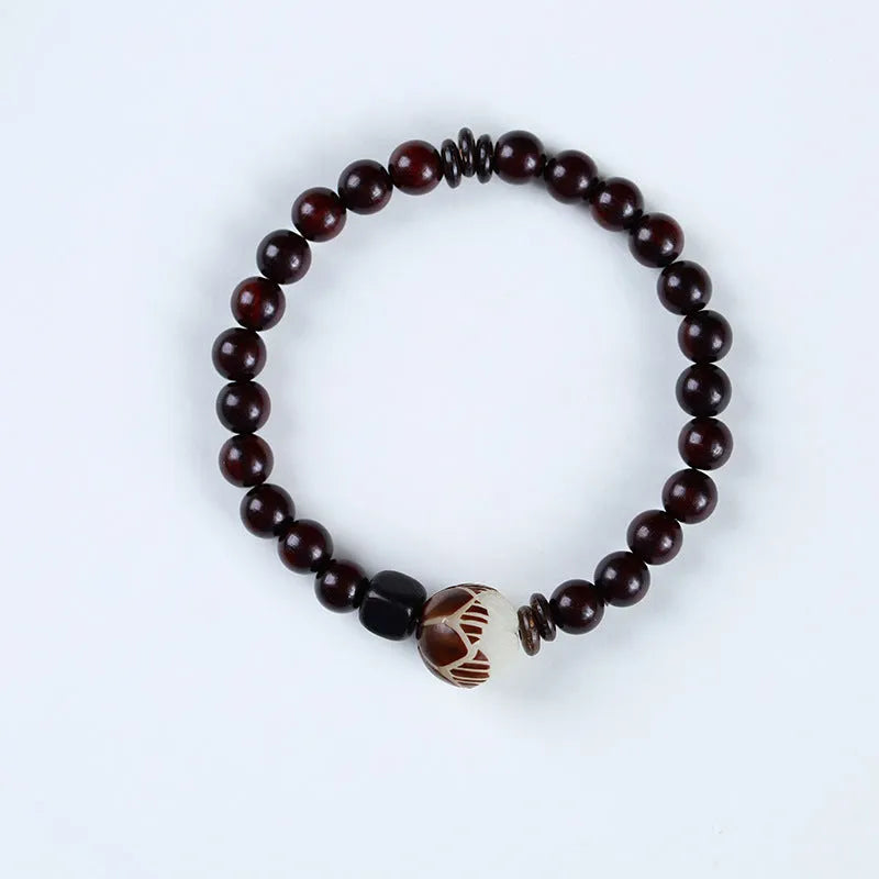 Natural rosewood double-ring bracelet with 10mm floral beads in hand-knitted construction