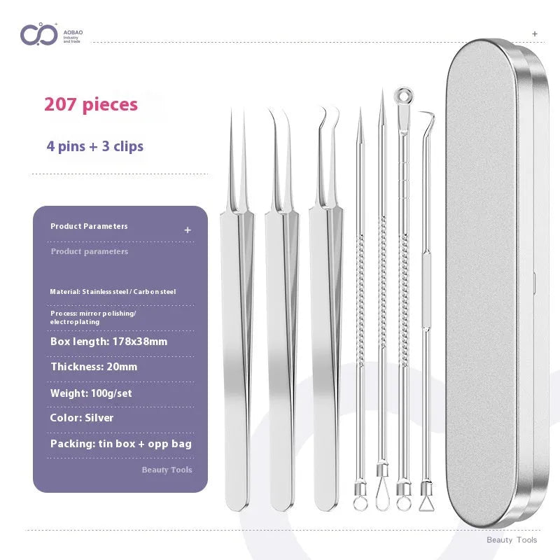 Four silver metal acne needles with ultra-fine pointed tips for blackhead extraction.