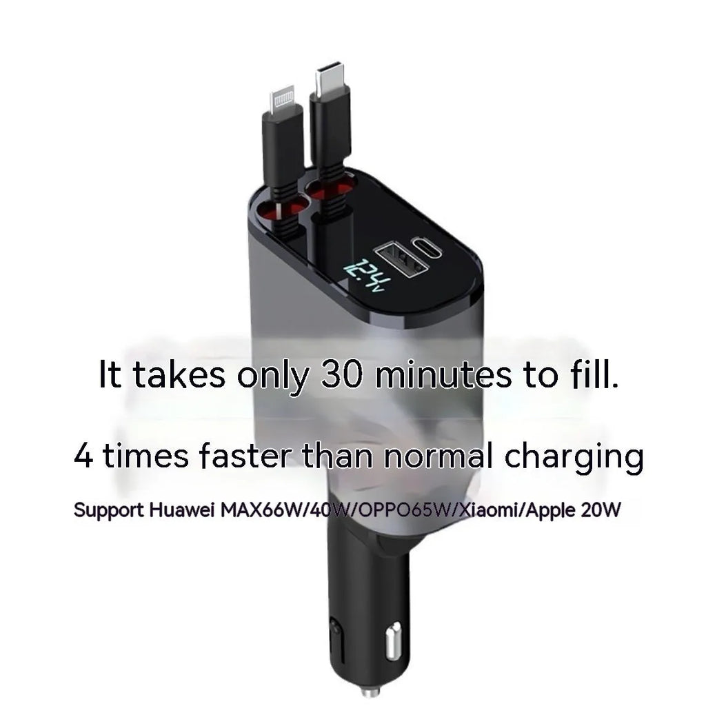 Automatic retractable car charger with USB ports plugged into a vehicle cigarette lighter socket.