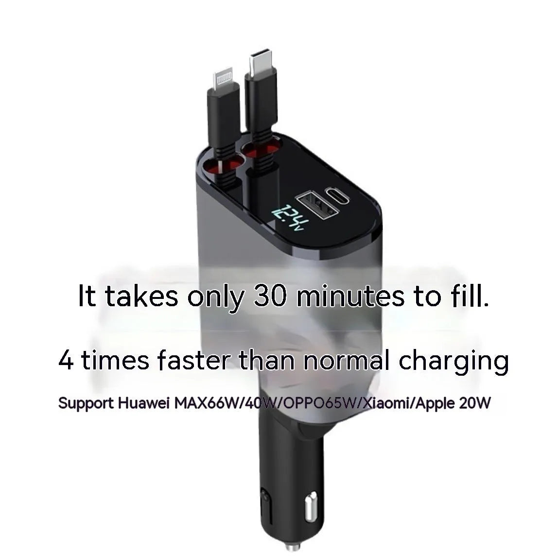 Automatic retractable car charger with USB ports plugged into a vehicle cigarette lighter socket.