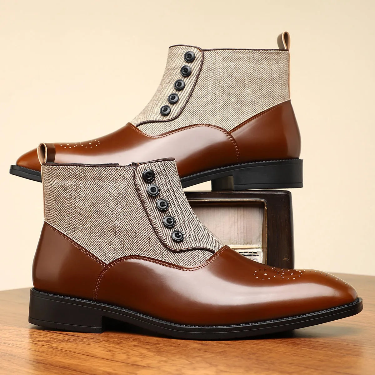 Men's brown retro business formal shoes with side zipper and square toe