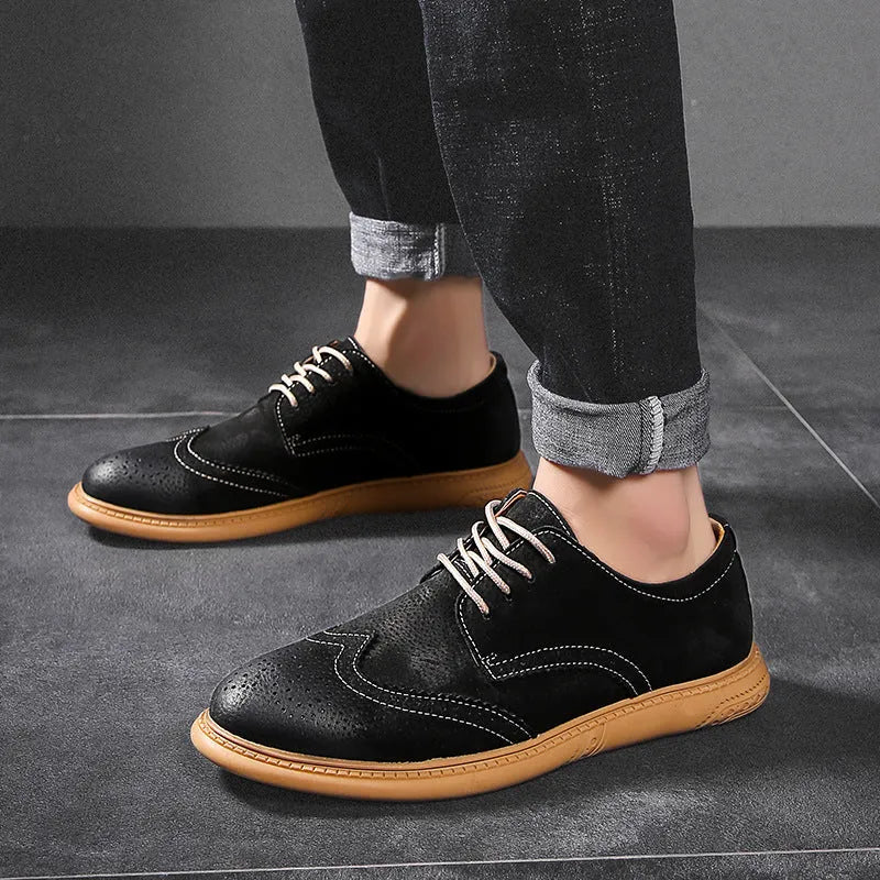 Men's black leather business oxford shoes with lace-up front and rubber sole.