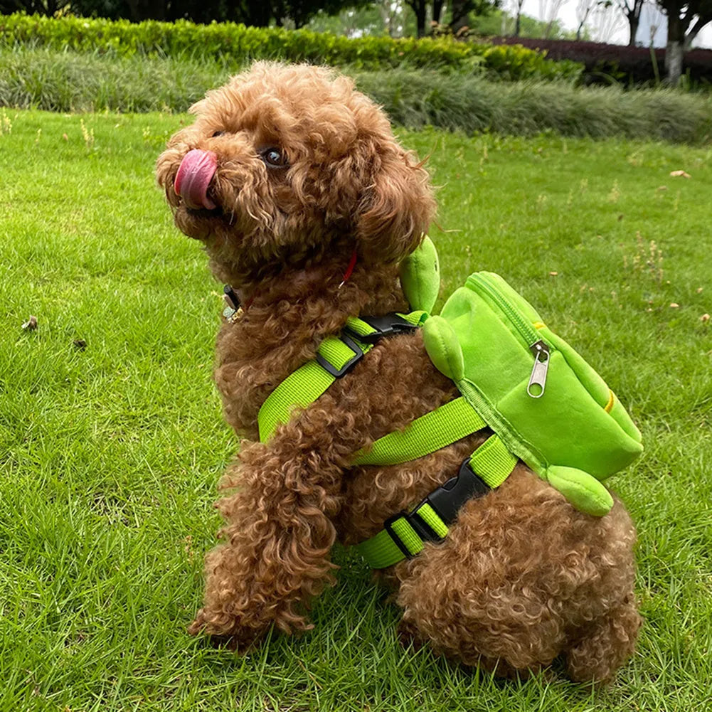 Turtle-shaped dog backpack harness with metal zipper in four colour options on small dog