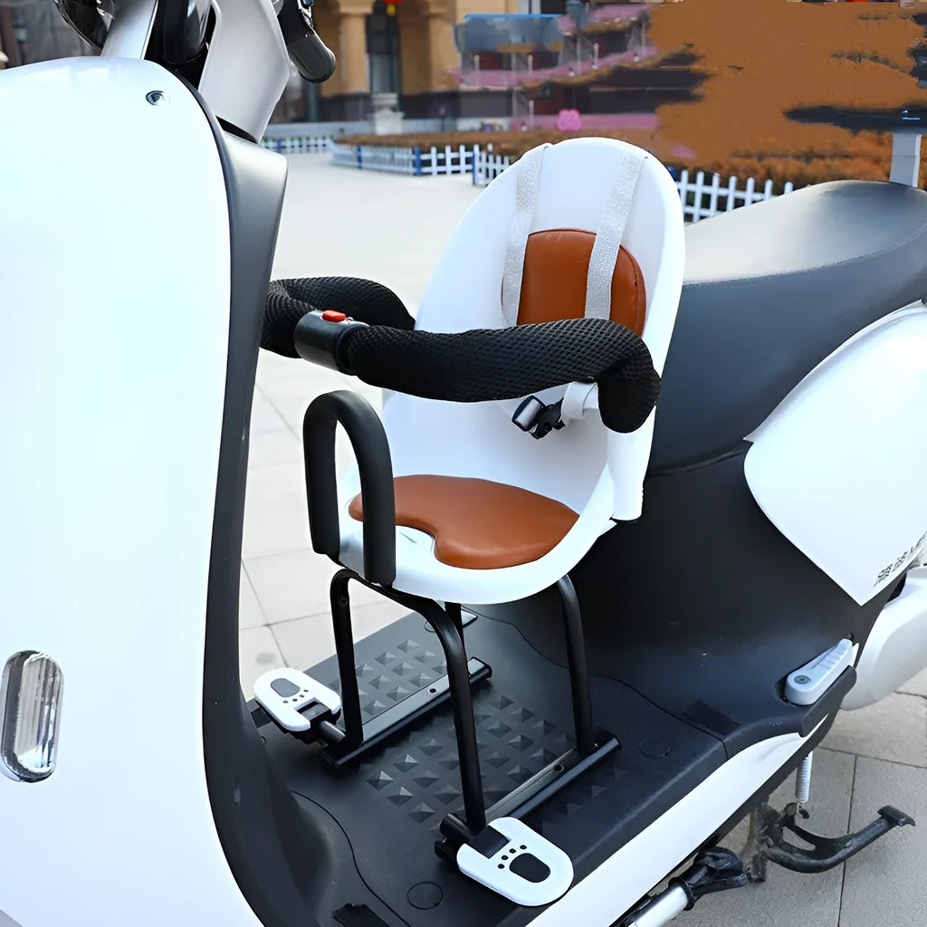 Black high carbon steel front safety seat for a baby on a scooter, dimensions 20x20x53cm.
