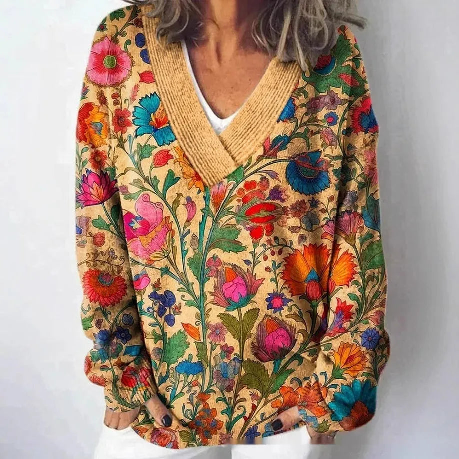 Women's V-neck long sleeve sweatshirt with a raised 3D floral pattern in an art retro style.