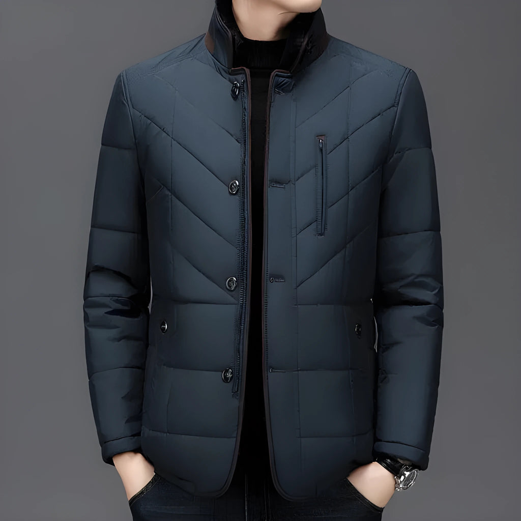 Men's solid colour winter short coat with side seam pockets, shown in dark blue.