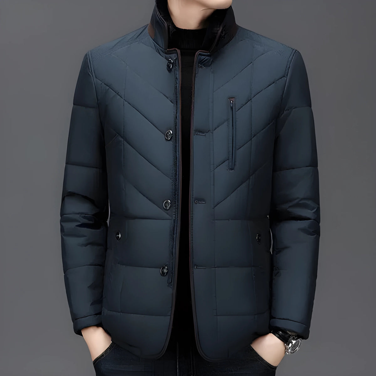 Men's solid colour winter short coat with side seam pockets, shown in dark blue.