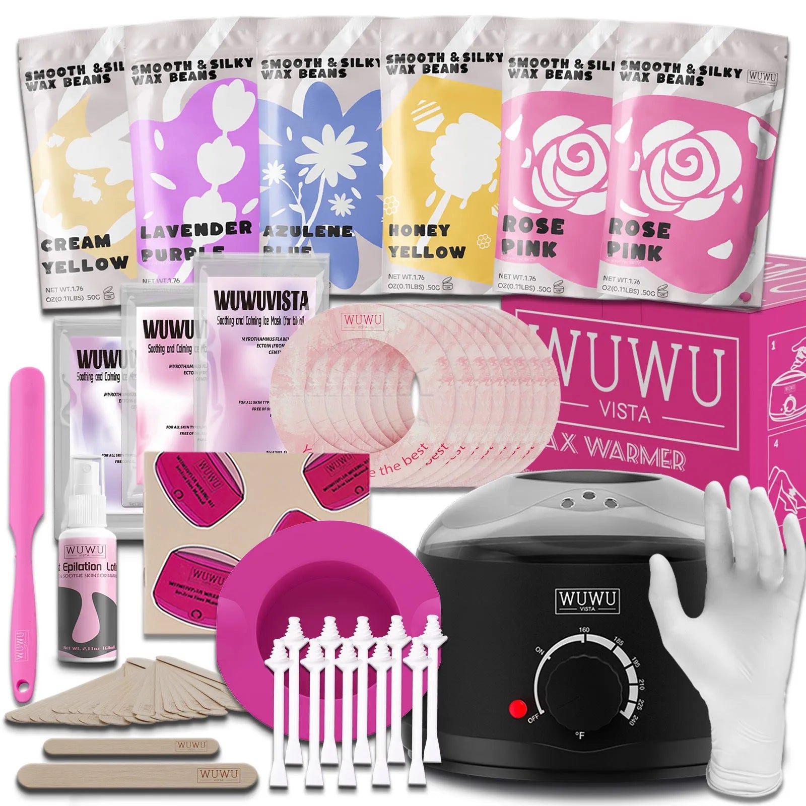 WUWUVISTA 56-piece waxing kit with wax warmer, six coloured wax bead jars, applicators and aftercare products