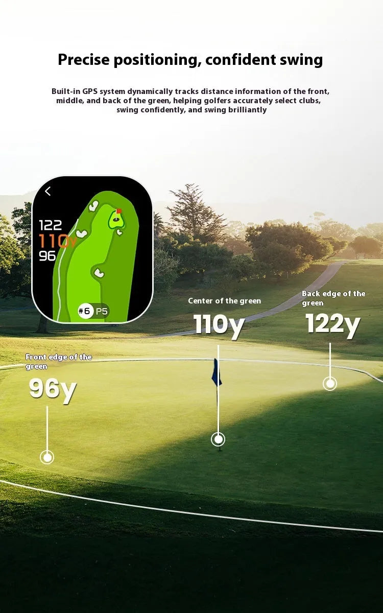 Black GenePro G1 golf laser rangefinder with AMOLED touch screen showing distance measurement.
