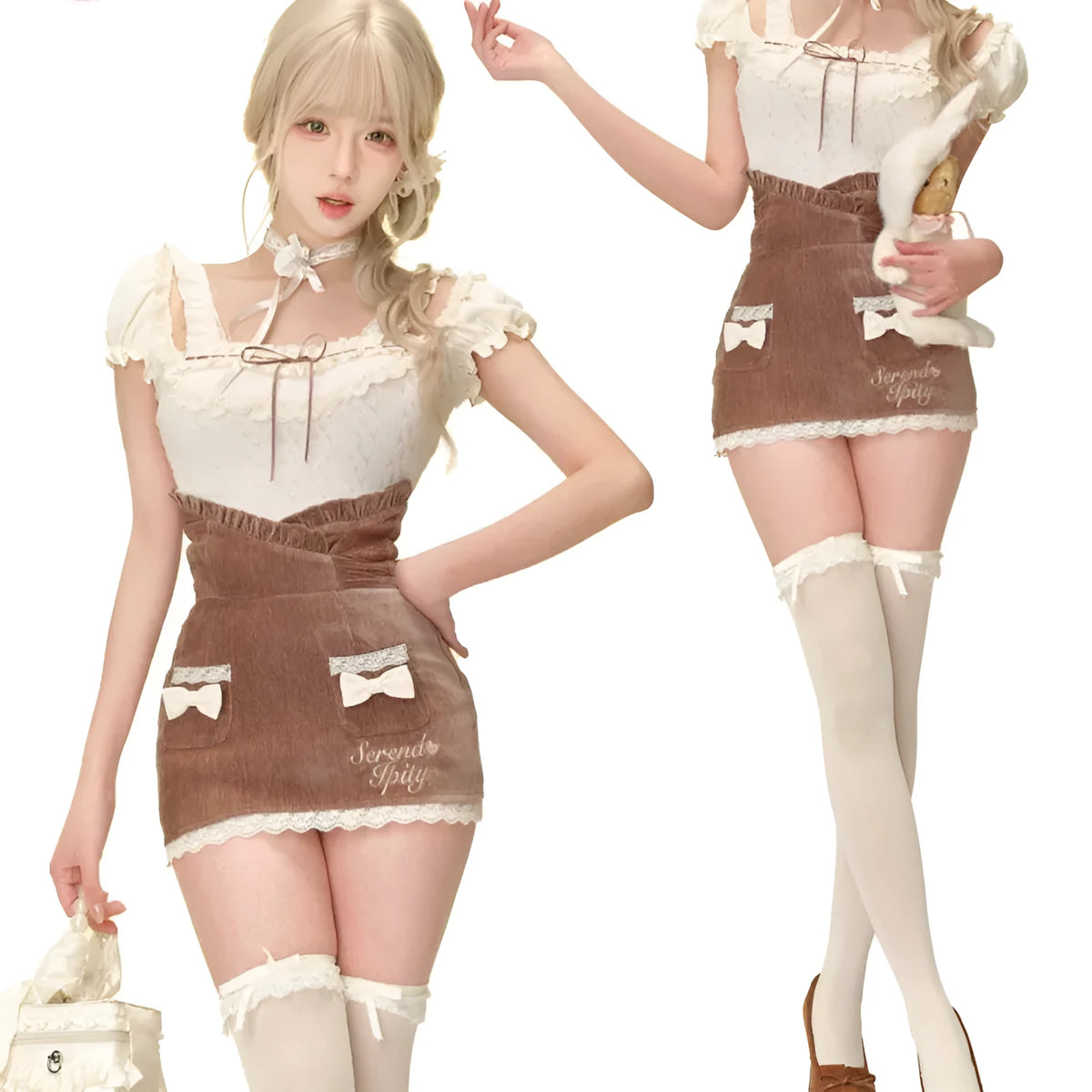 Apricot knitted top, brown hip skirt and apricot shawl three-piece set in sizes S M XS