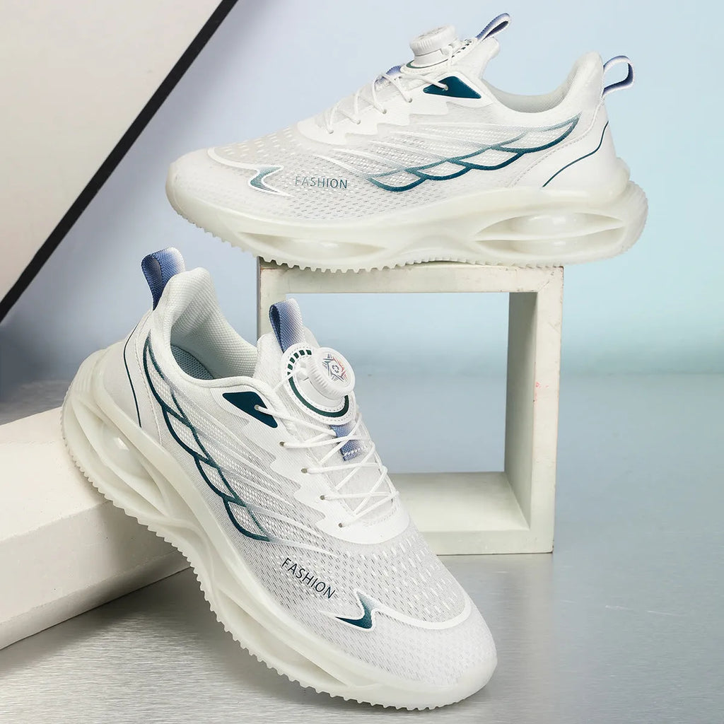 Casual running shoes with mesh upper and rubber sole in sky blue, black gold, or white colours