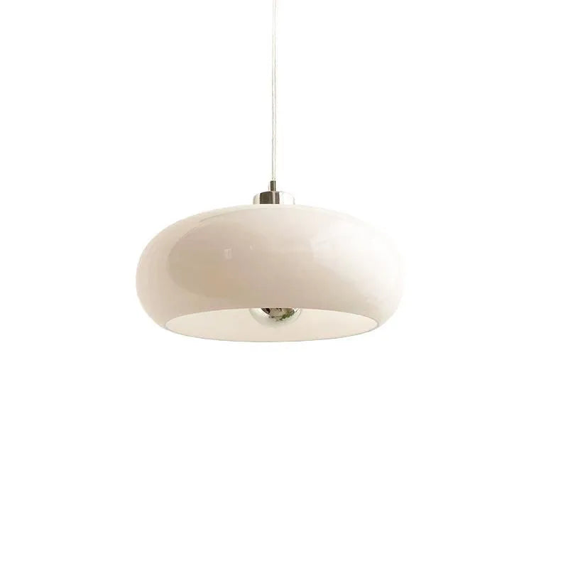 Bauhaus retro pendant light with three milk white glass egg tart shaped shades in cluster formation