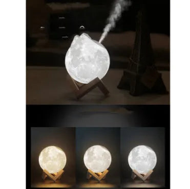 Lunar humidifier night light with wood set finish, 13cm diameter sphere