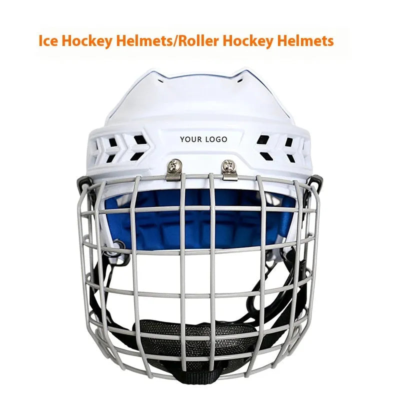 Ice hockey helmet with carbon steel face mask in impact-resistant PP shell with EVA lining