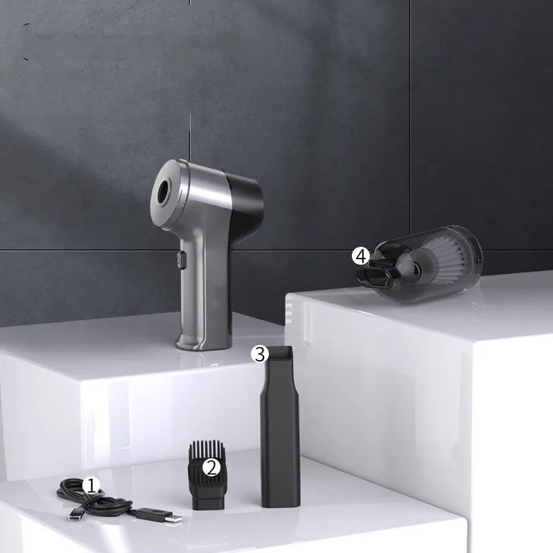 Handheld car vacuum cleaner with brushless motor and inflatable nozzle attachment on grey background