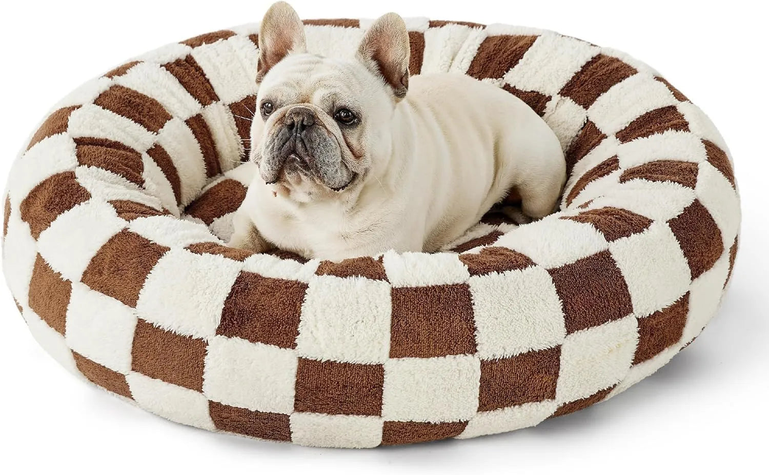 Round plastic dog bed with plaid cushion available in multiple colours and four size options