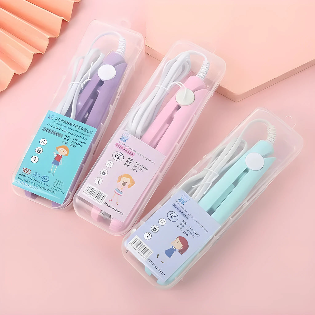 Mini hairdressing splint straightener in blue, pink, white, purple, or yellow with storage box for fringe styling.