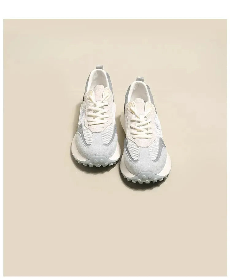 Women's grey and pink retro sneakers with mesh lining and rubber soles in low-top flat heel design