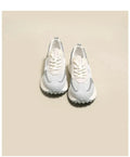 Women's grey and pink retro sneakers with mesh lining and rubber soles in low-top flat heel design