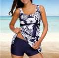 Blue women's printed split bikini swimsuit with sleeveless design for swimming and surfing