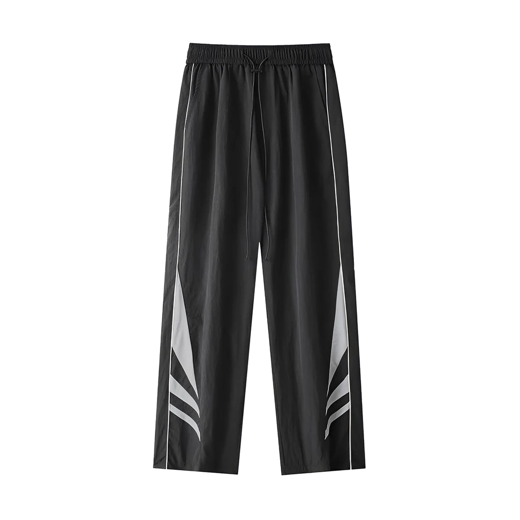 Men's straight leg casual trousers in grey with elastic waistband and button fly