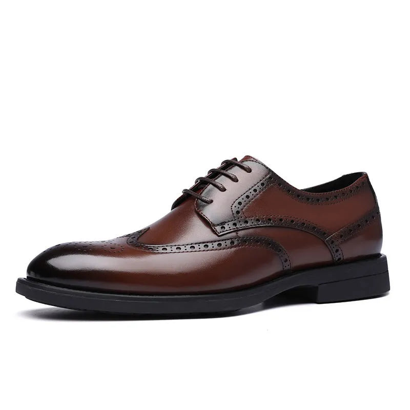 Men's black and brown PU leather brogue shoes for formal business wear.