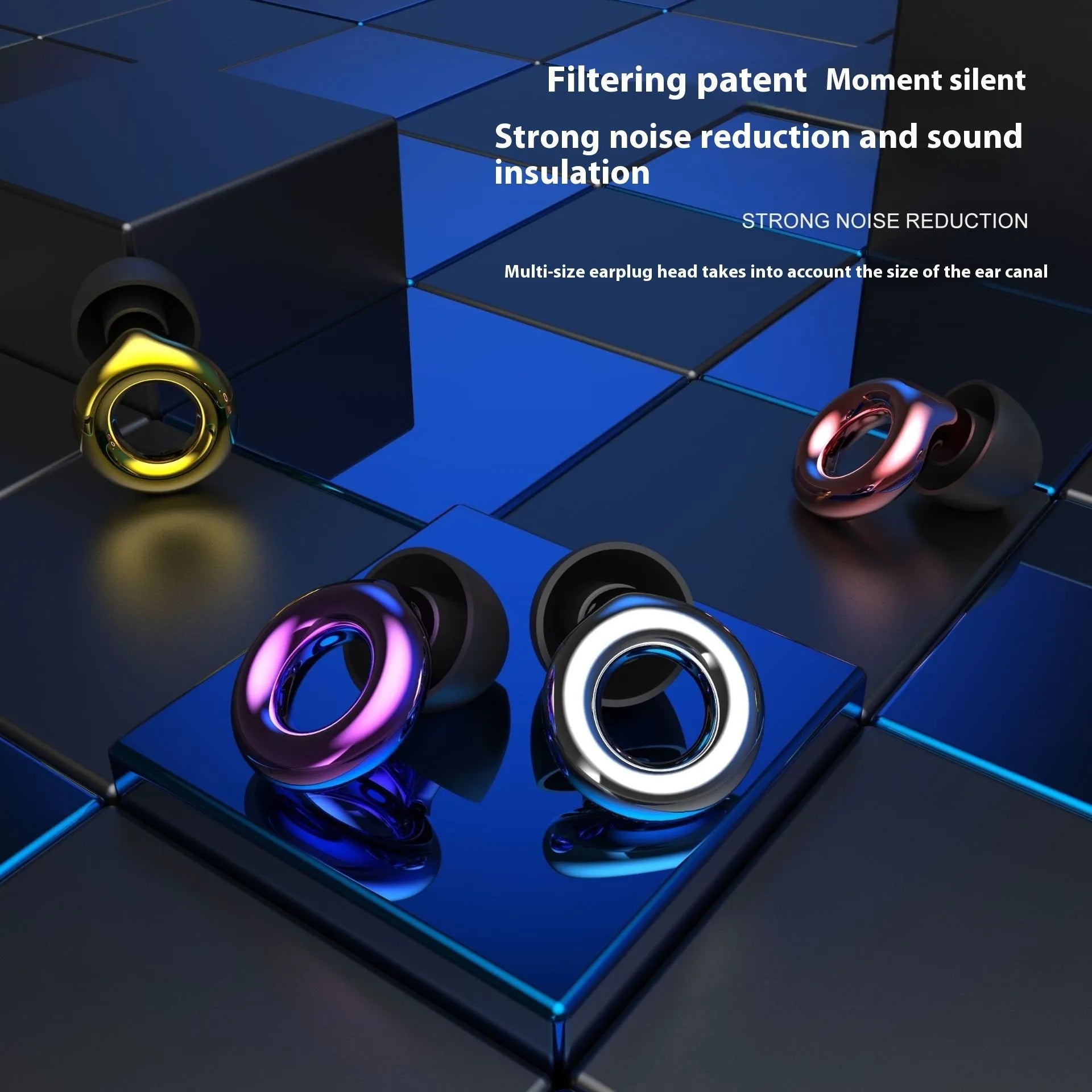 Set of noise reduction sleep earplugs in five colours with storage box and spare ear caps.