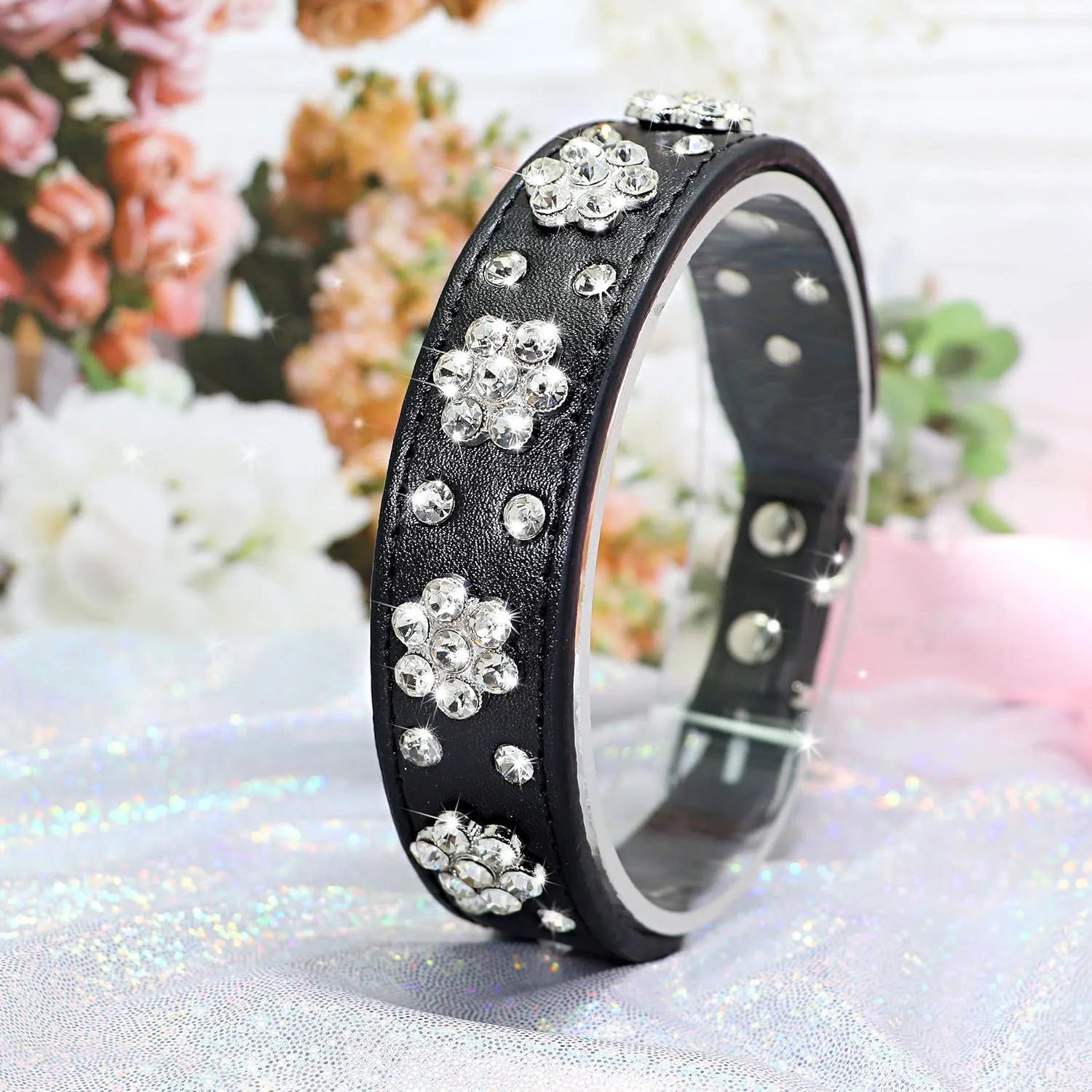 Rhinestone flower pattern studded PU leather dog collar in multiple colours for small medium dogs