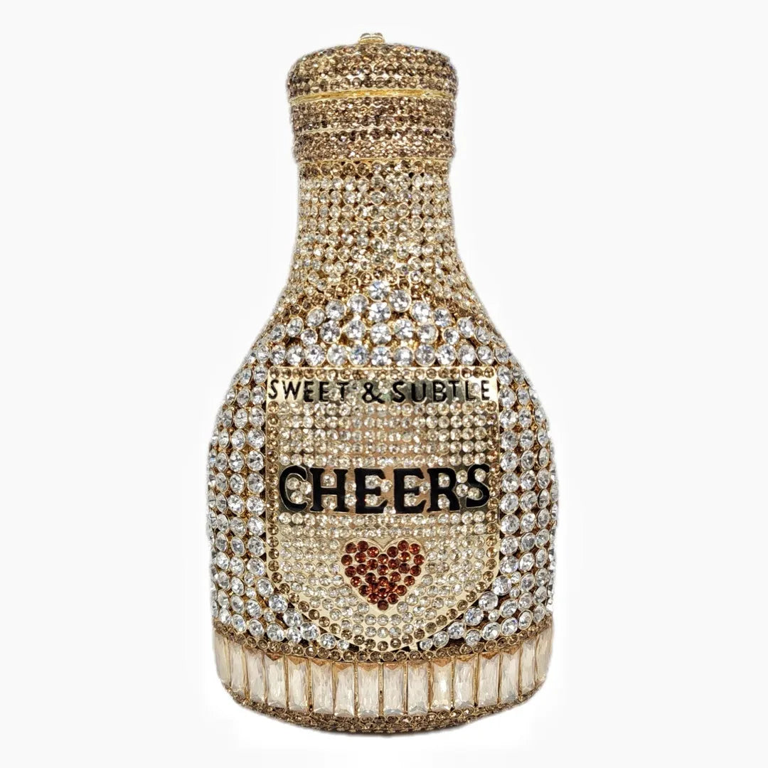 Gold champagne bottle-shaped hard alloy clutch bag for women, shown with synthetic leather lining.