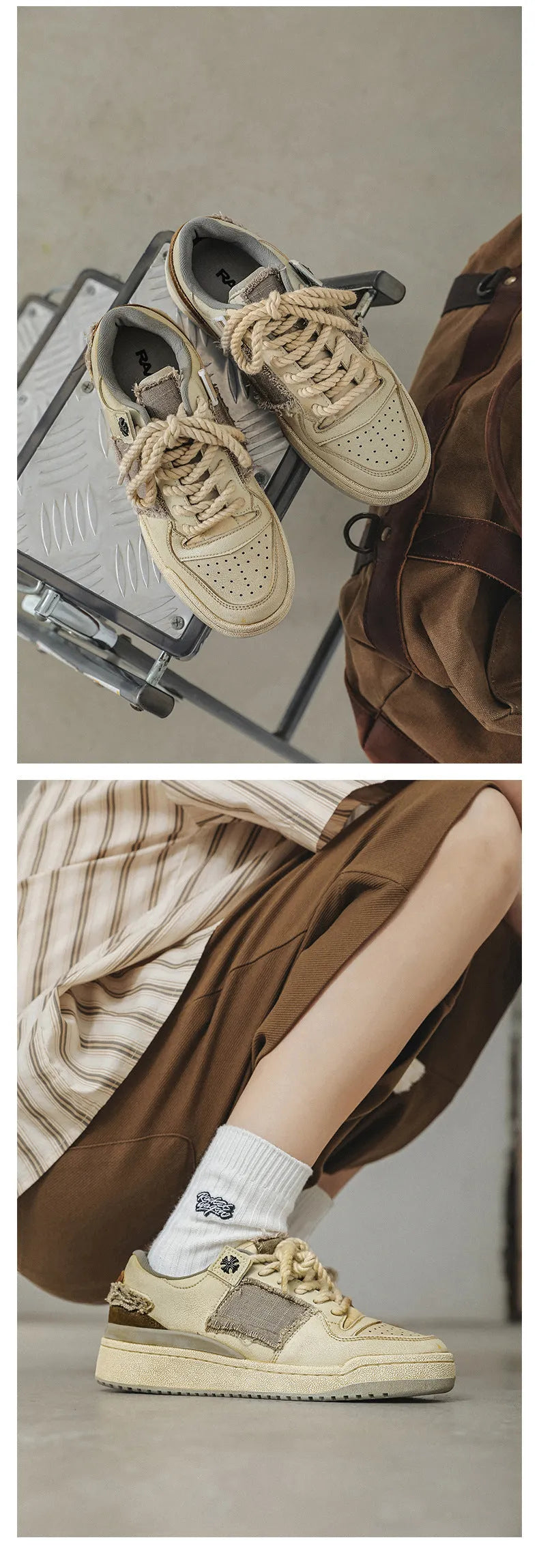 Beige low-top skateboard shoes with microfiber upper and rubber soles on white background