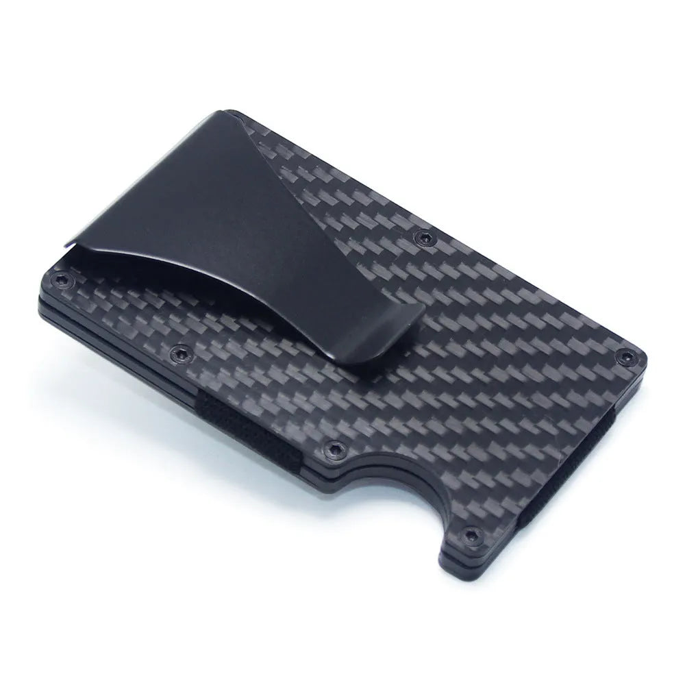 Slim geometric business card holder wallet in carbon fibre or aluminium, shown in black, blue, red, silver, or gold.