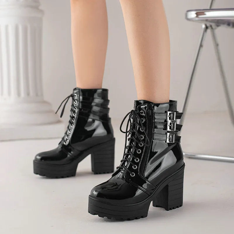 Women's black ankle boots with 6-8cm heel, waterproof platform, and front lace-up design