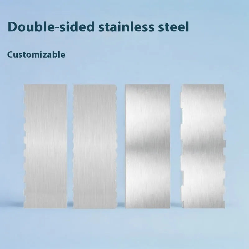 Stainless steel cream scraper showing six geometric edge patterns for cake decorating