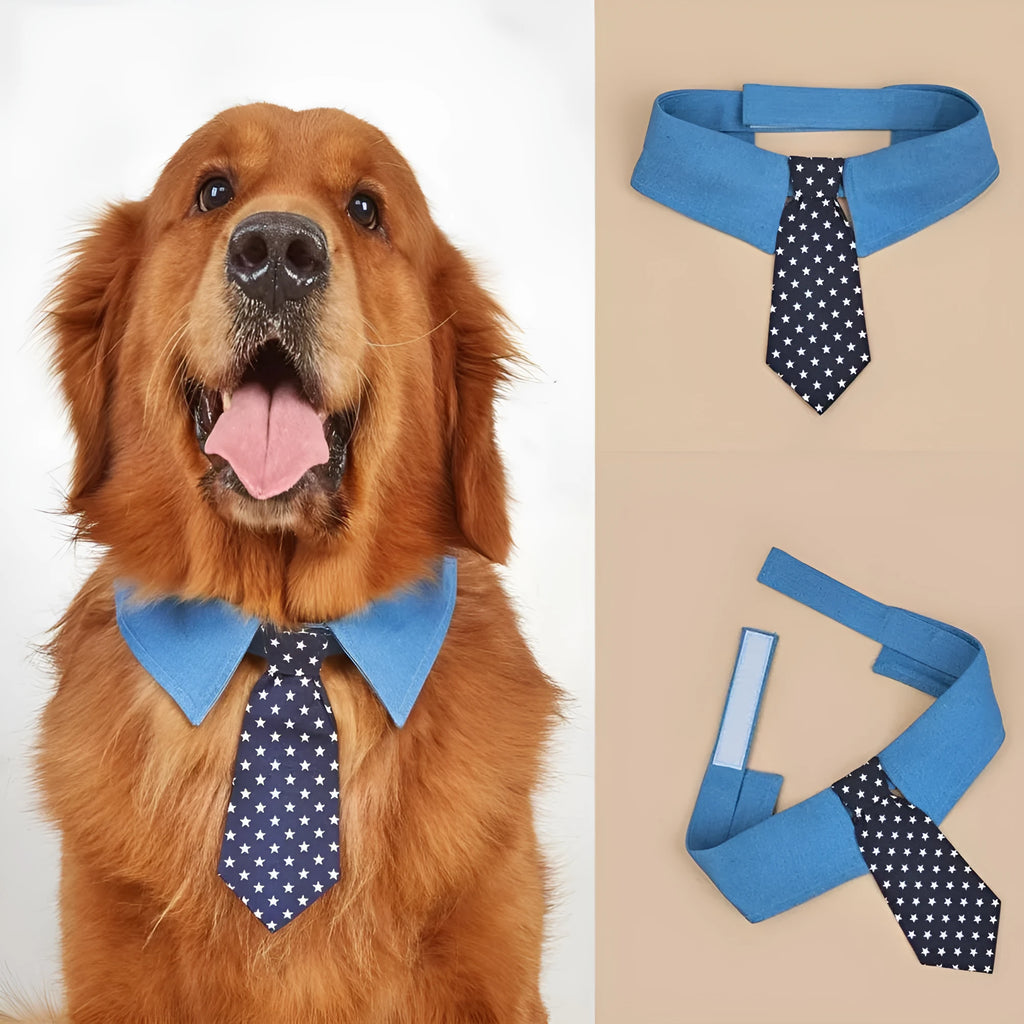 Denim dog collar with star pattern necktie for weddings and formal events