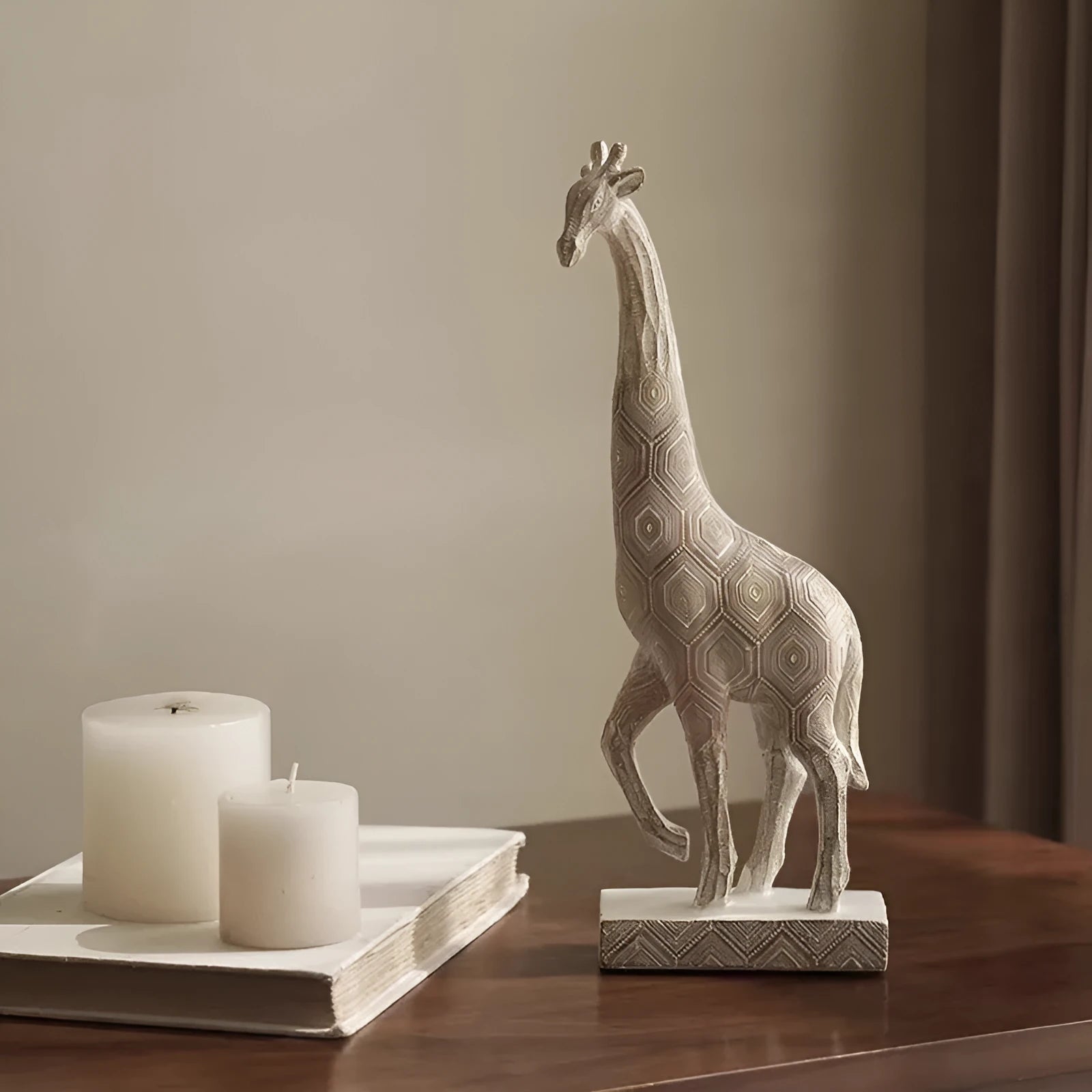 Wood colour synthetic resin giraffe ornament standing 30.5cm tall for home decoration.